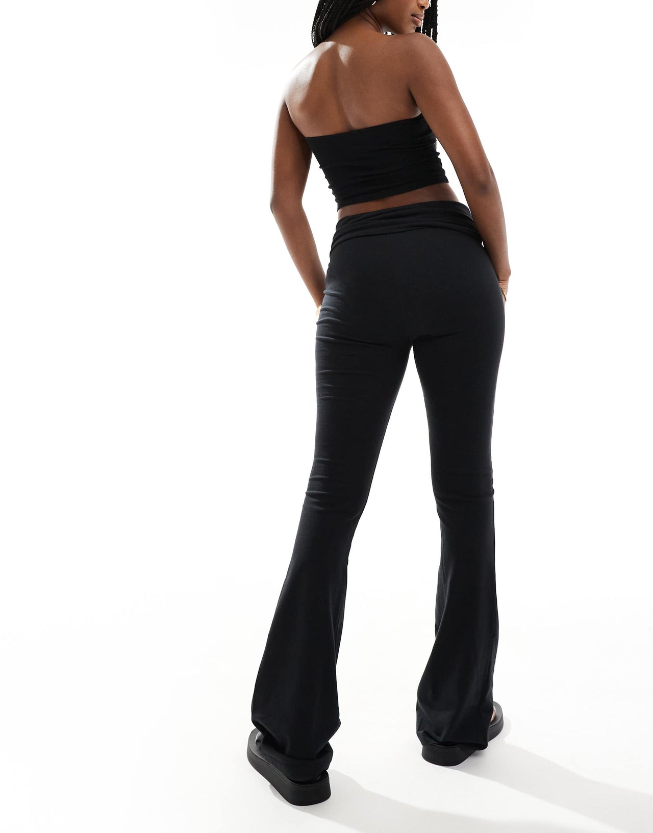 Stradivarius flare legging with fold over waist in black