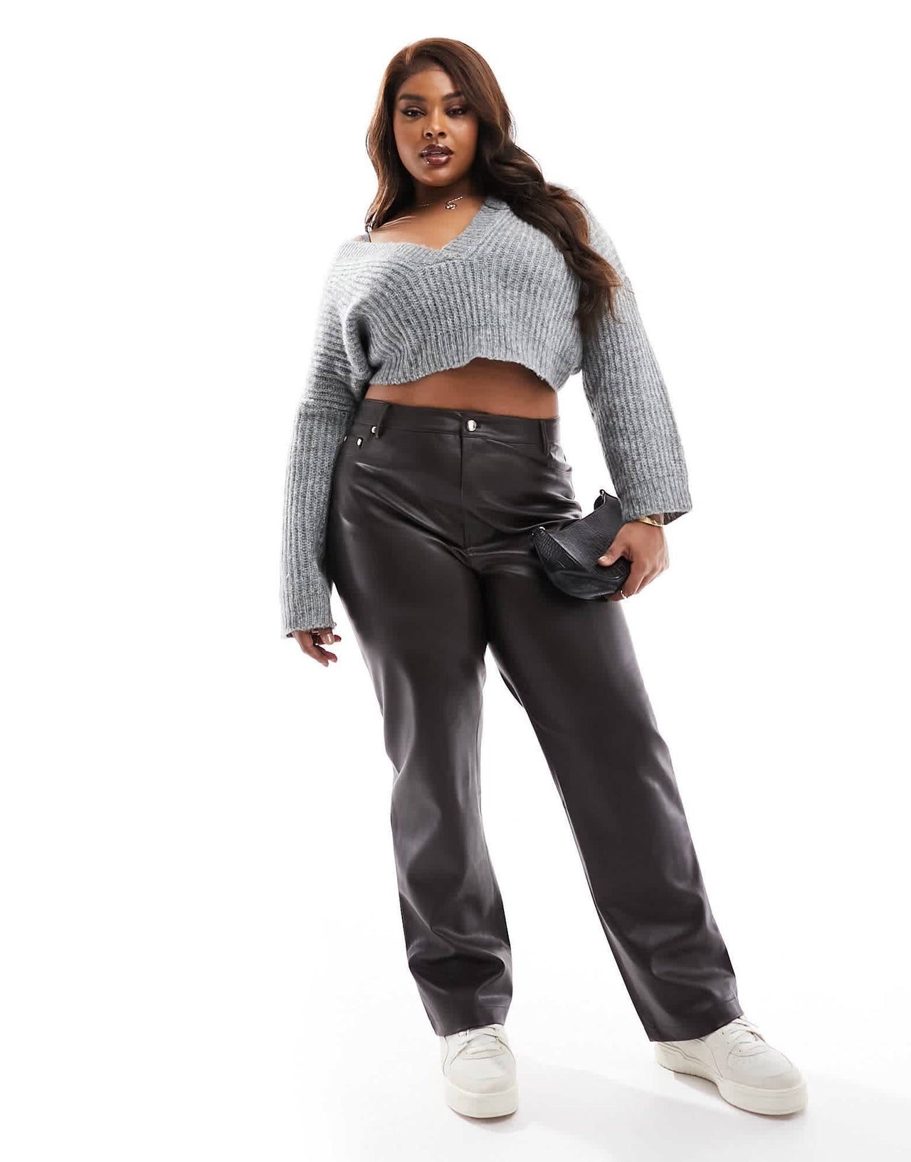 River Island Plus straight leg faux leather trouser in black