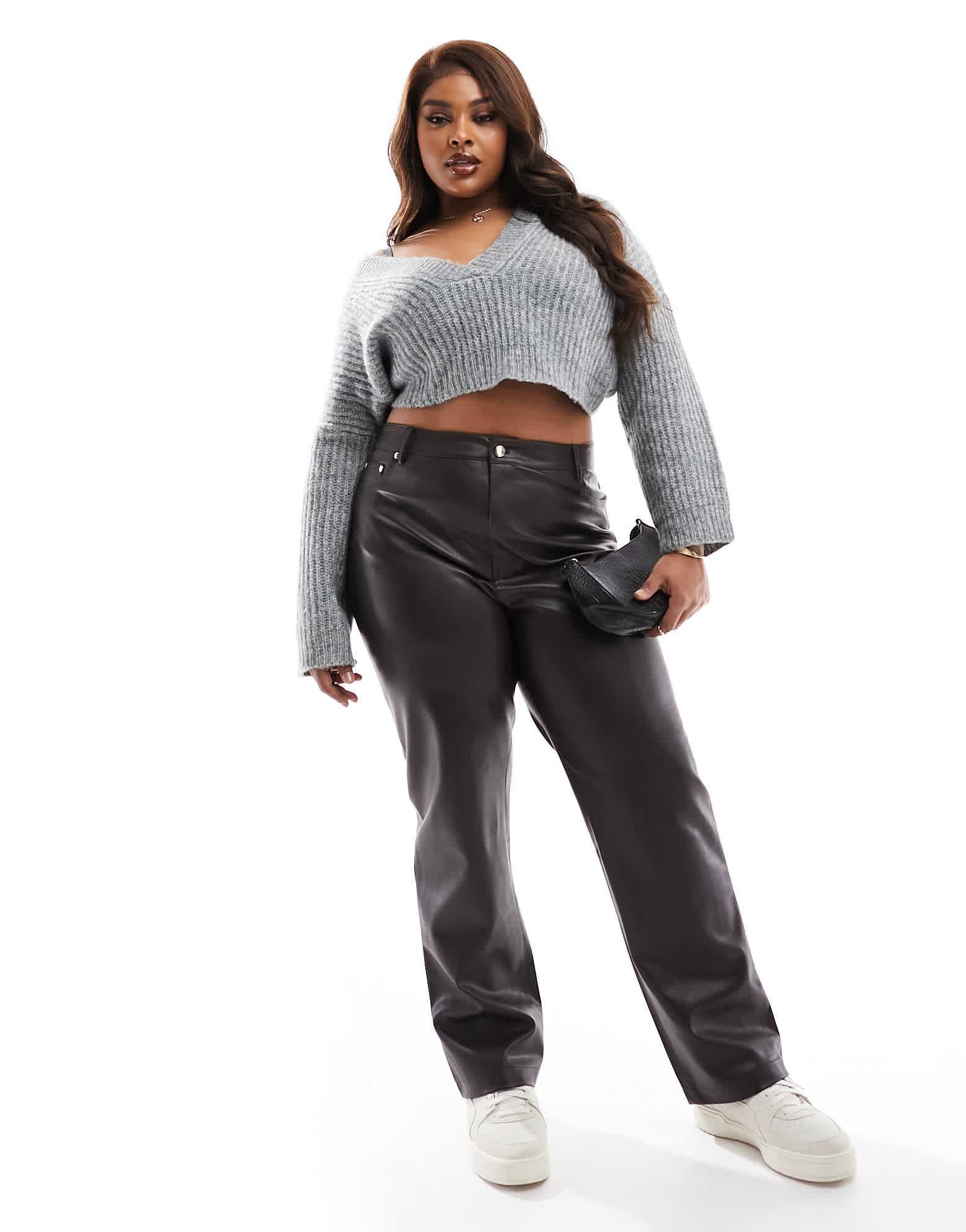 River Island Plus straight leg faux leather trouser in black