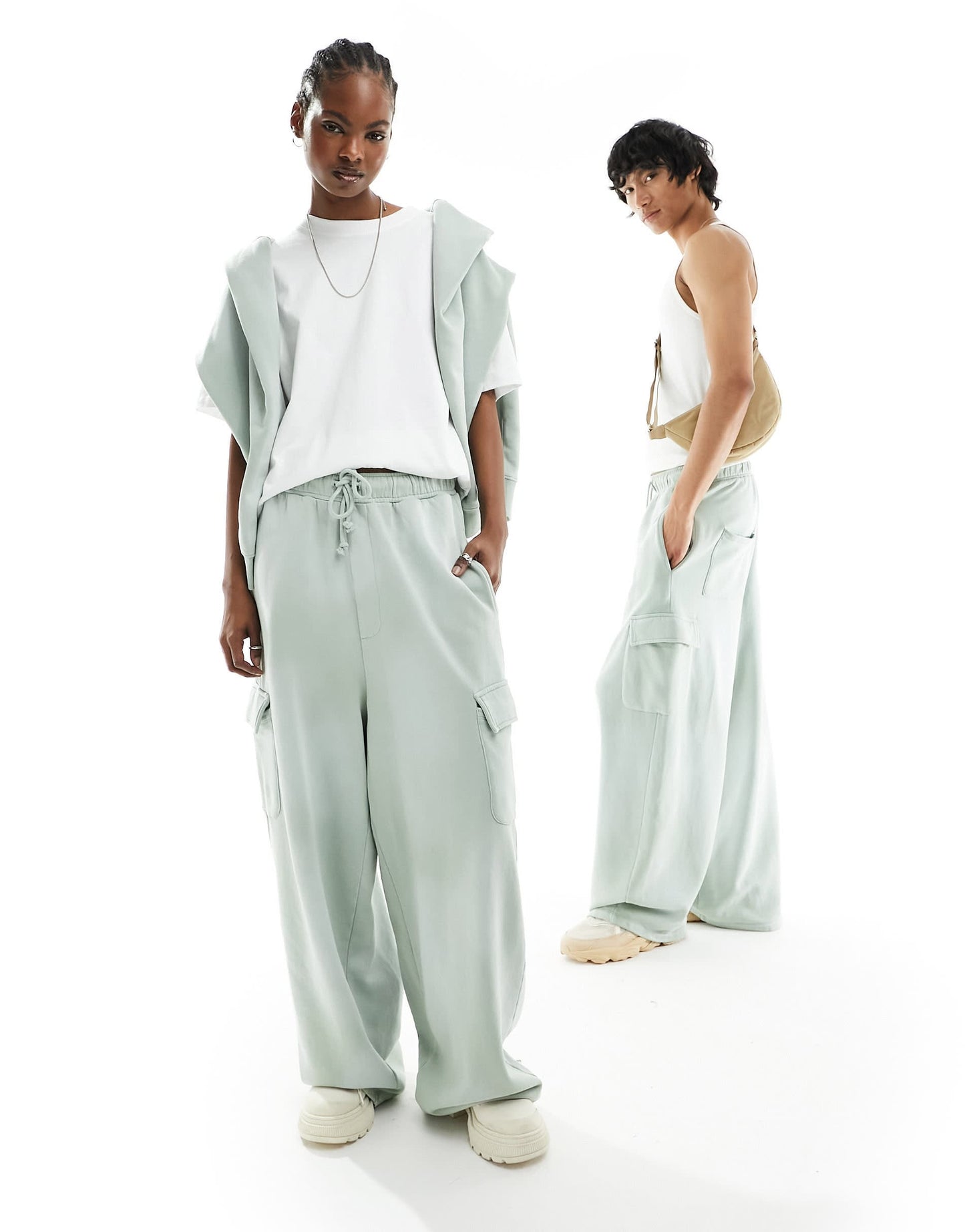 ASOS DESIGN unisex co-ord wide leg jogger with cargo pockets in washed green
