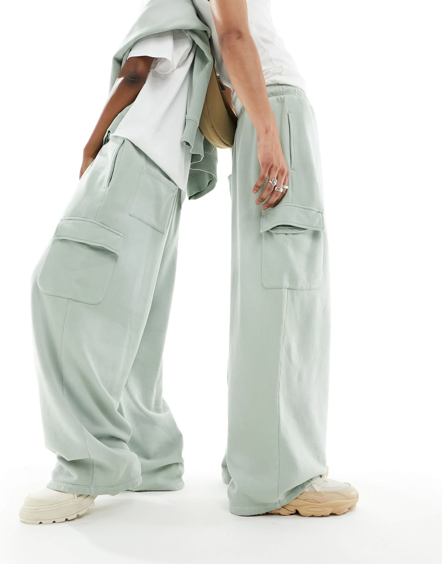 ASOS DESIGN unisex co-ord wide leg jogger with cargo pockets in washed green