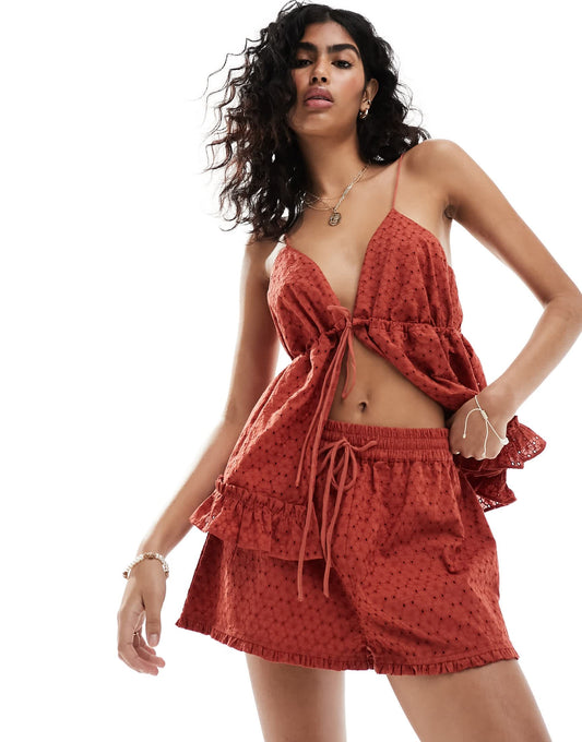 ASOS DESIGN broderie ruffle co-ord short in terracotta