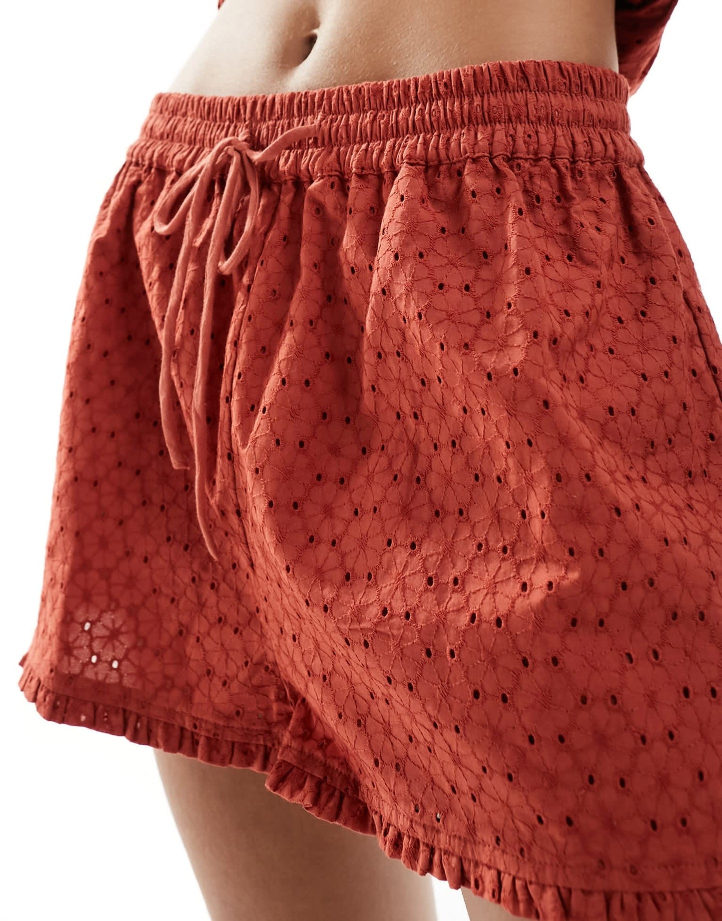 ASOS DESIGN broderie ruffle co-ord short in terracotta