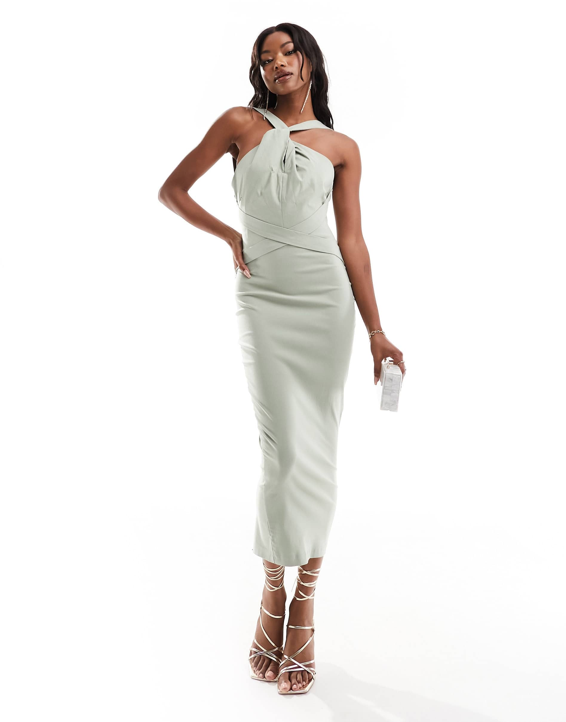 Vesper bengaline twist halterneck zip back midi dress in olive