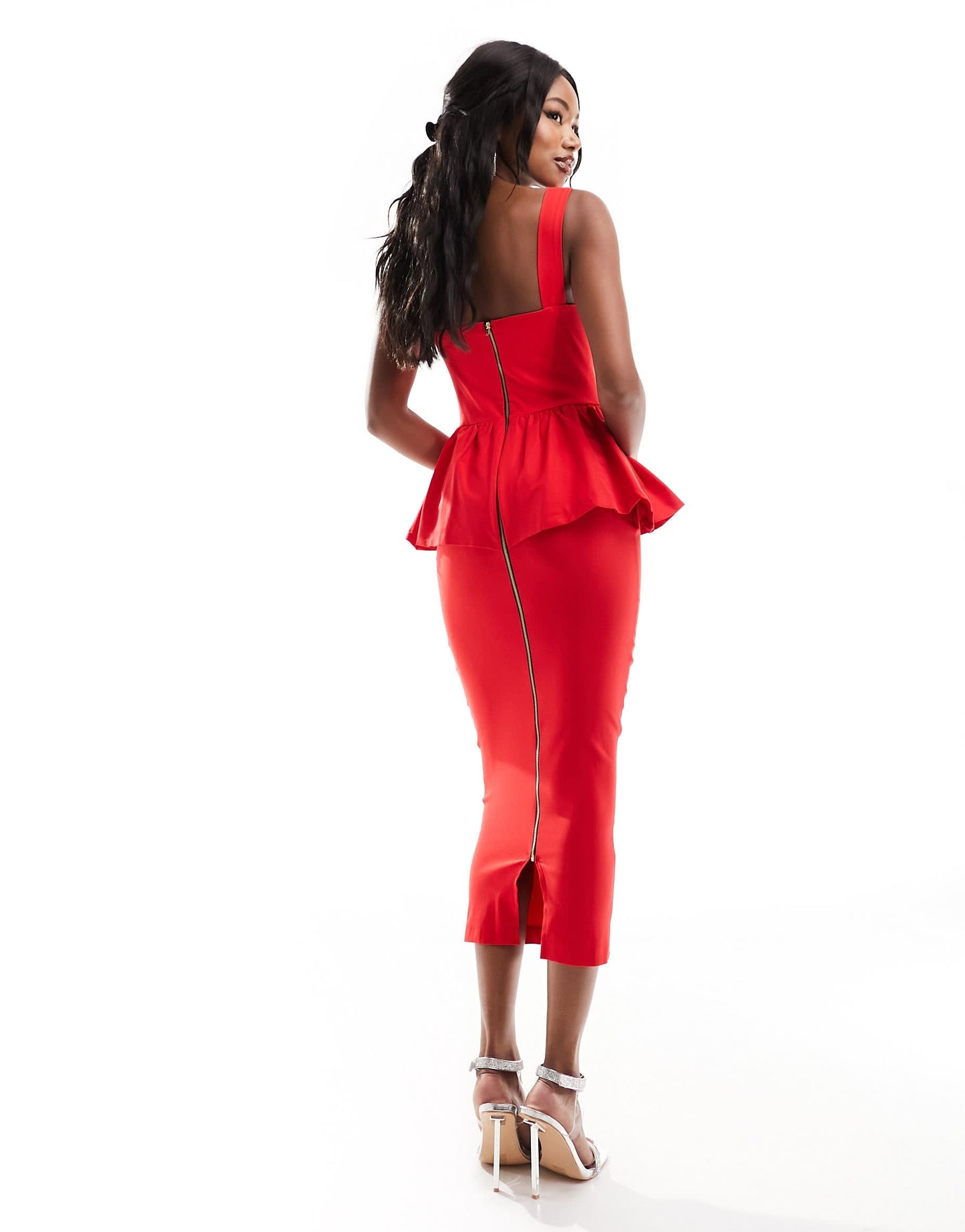 Vesper bengaline sweetheart neckline peplum midi dress in red