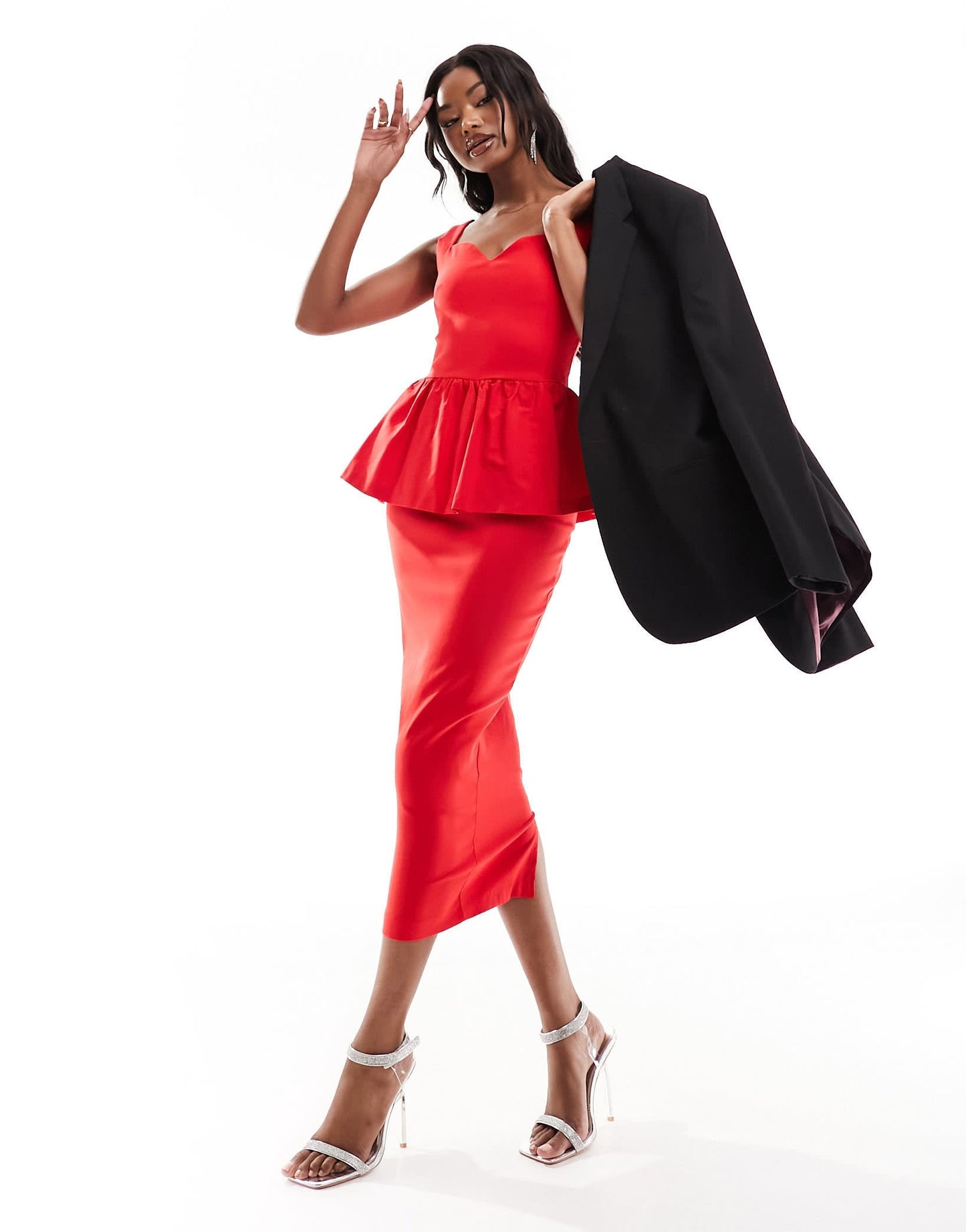 Vesper bengaline sweetheart neckline peplum midi dress in red
