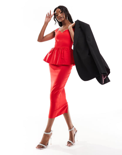 Vesper bengaline sweetheart neckline peplum midi dress in red