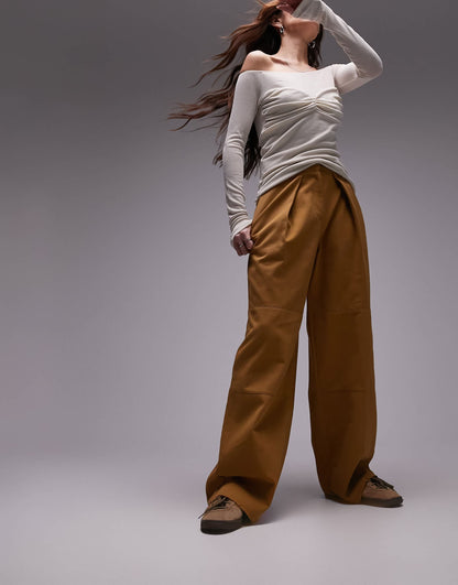Topshop darted hem detail tailored wide leg trouser in sand