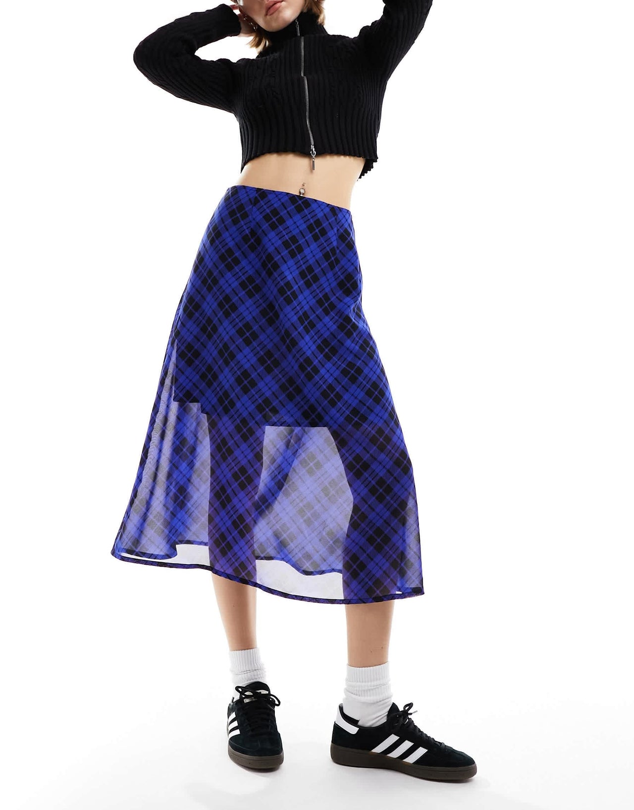 Wednesday's Girl check print floaty mesh midi skirt in blue and black