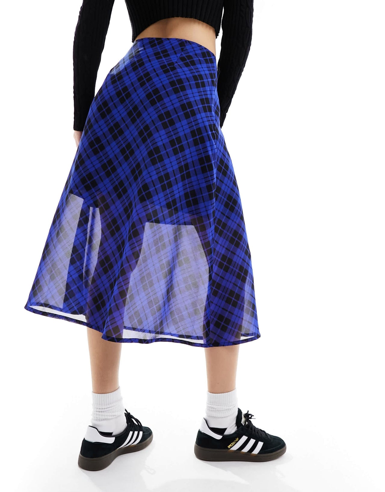 Wednesday's Girl check print floaty mesh midi skirt in blue and black