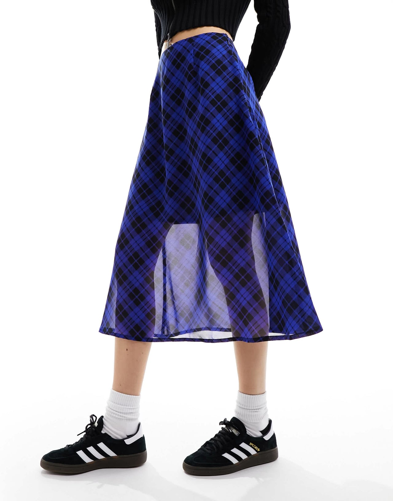 Wednesday's Girl check print floaty mesh midi skirt in blue and black