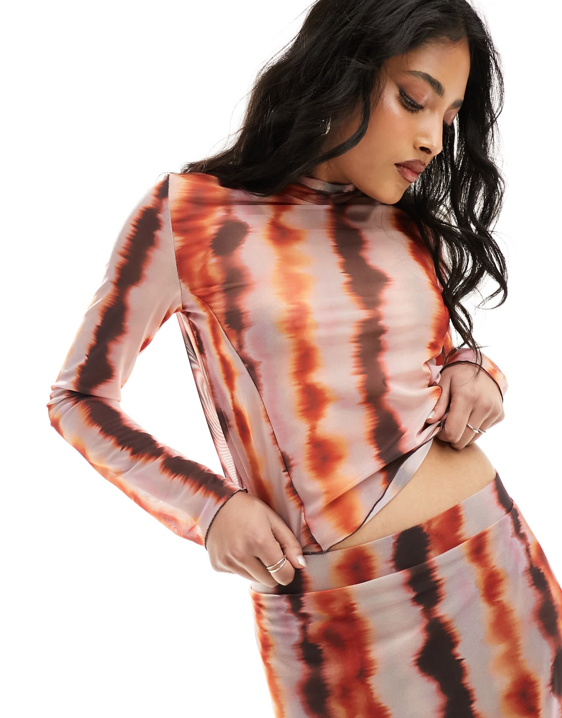 Pieces high neck tye die jersey top co-ord in multi
