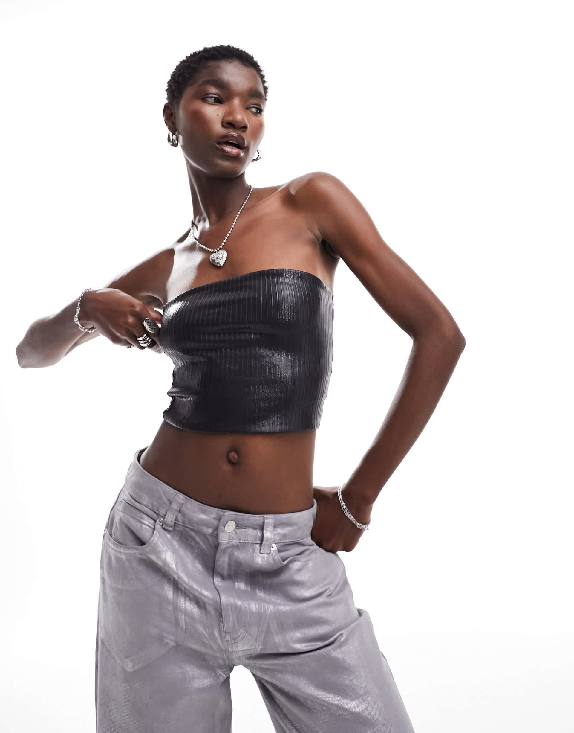 Monk ribbed foil bandeau top in black