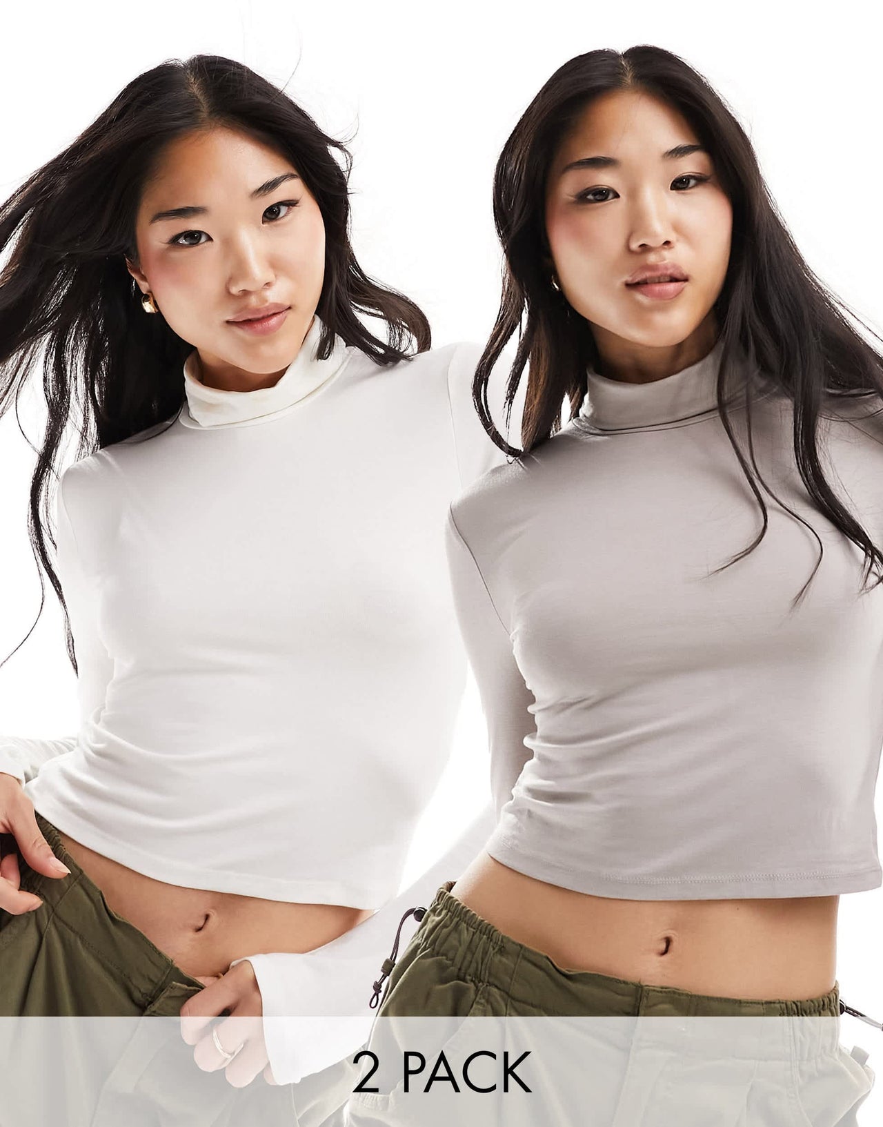 Bershka 2 pack roll neck tops in sand & white