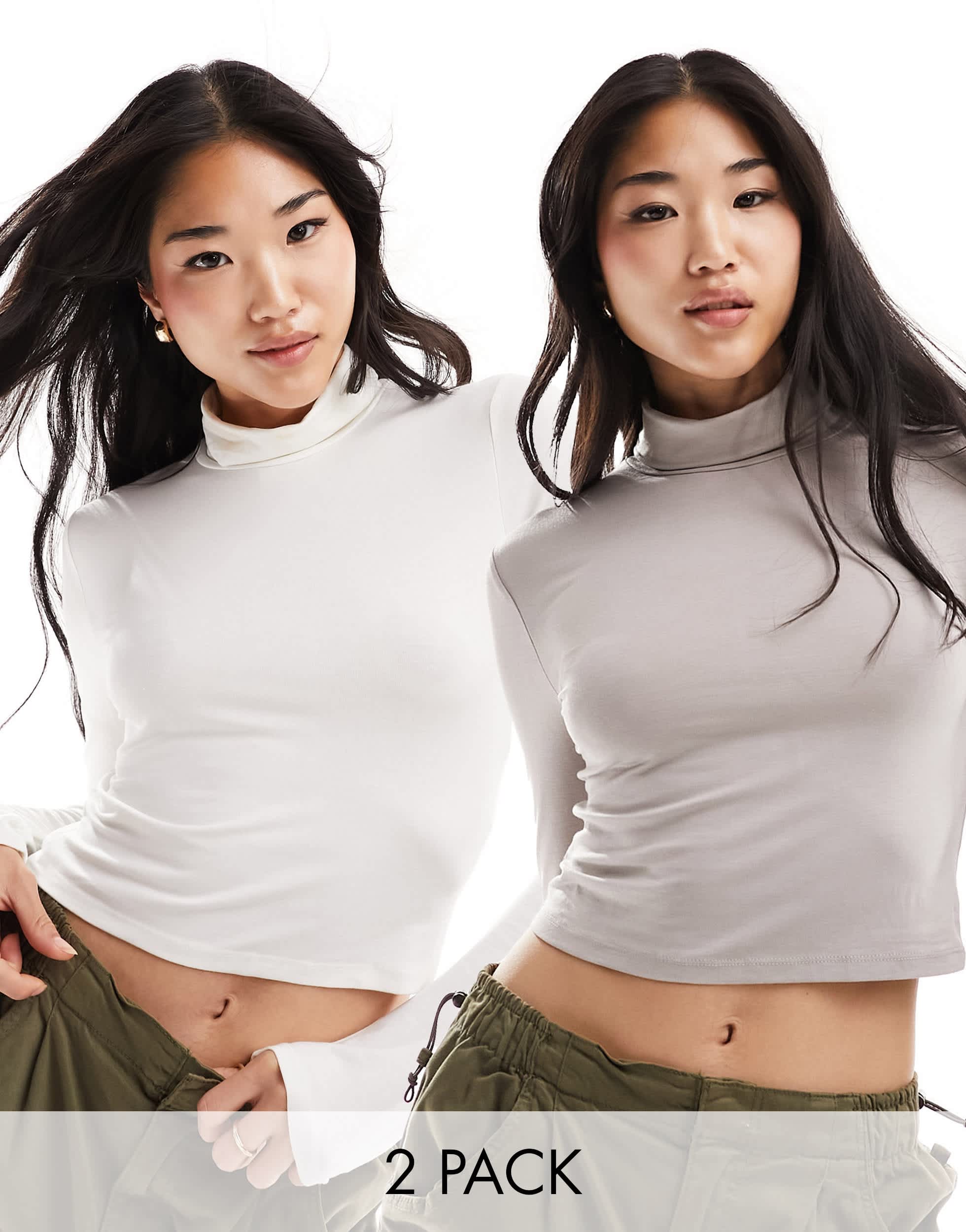 Bershka 2 pack roll neck tops in sand & white