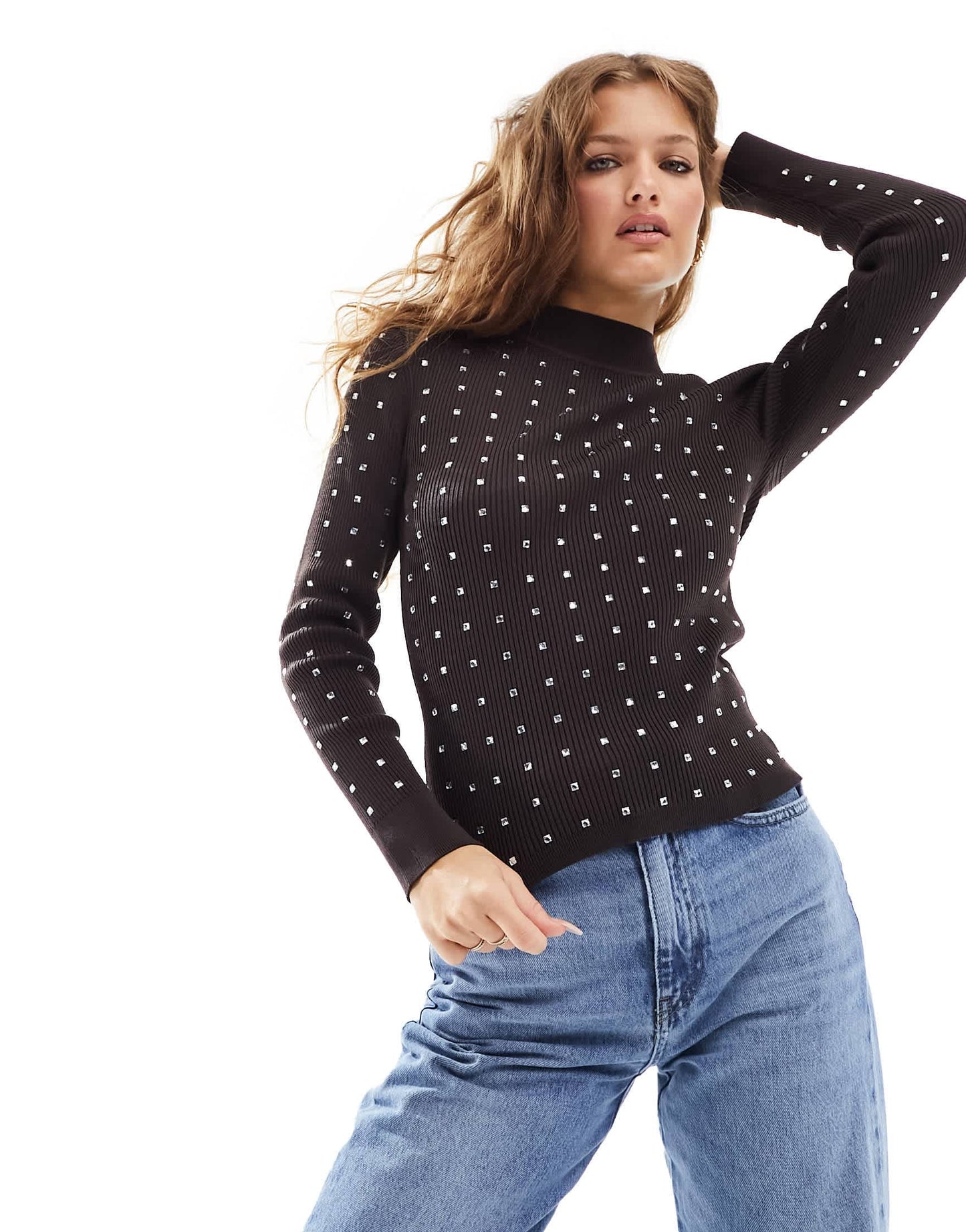River Island Petite heatseal roll neck top in dark brown