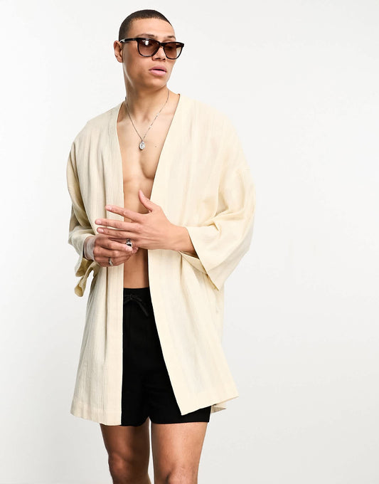 ASOS DESIGN textured linen blend kimono in neutral