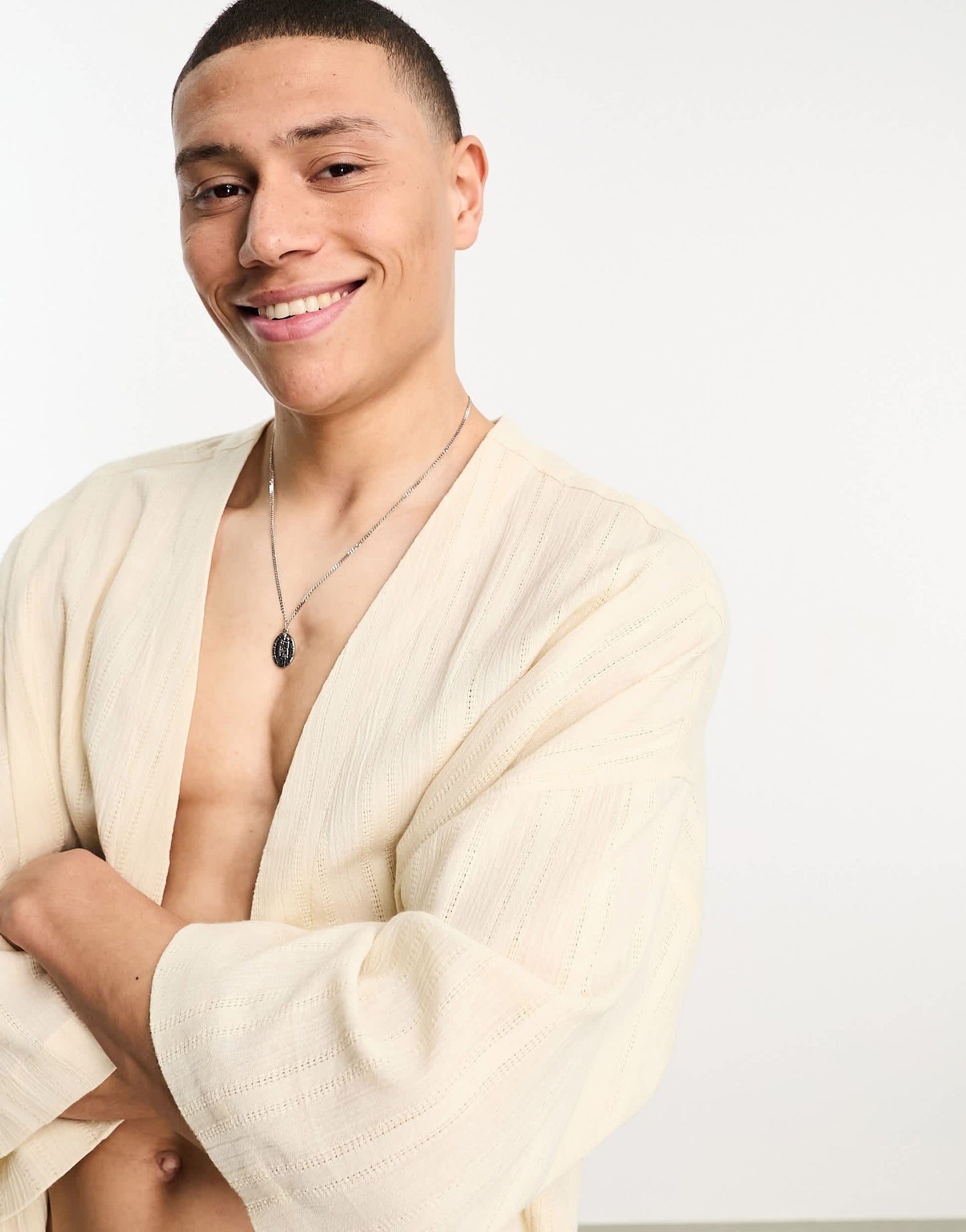 ASOS DESIGN textured linen blend kimono in neutral