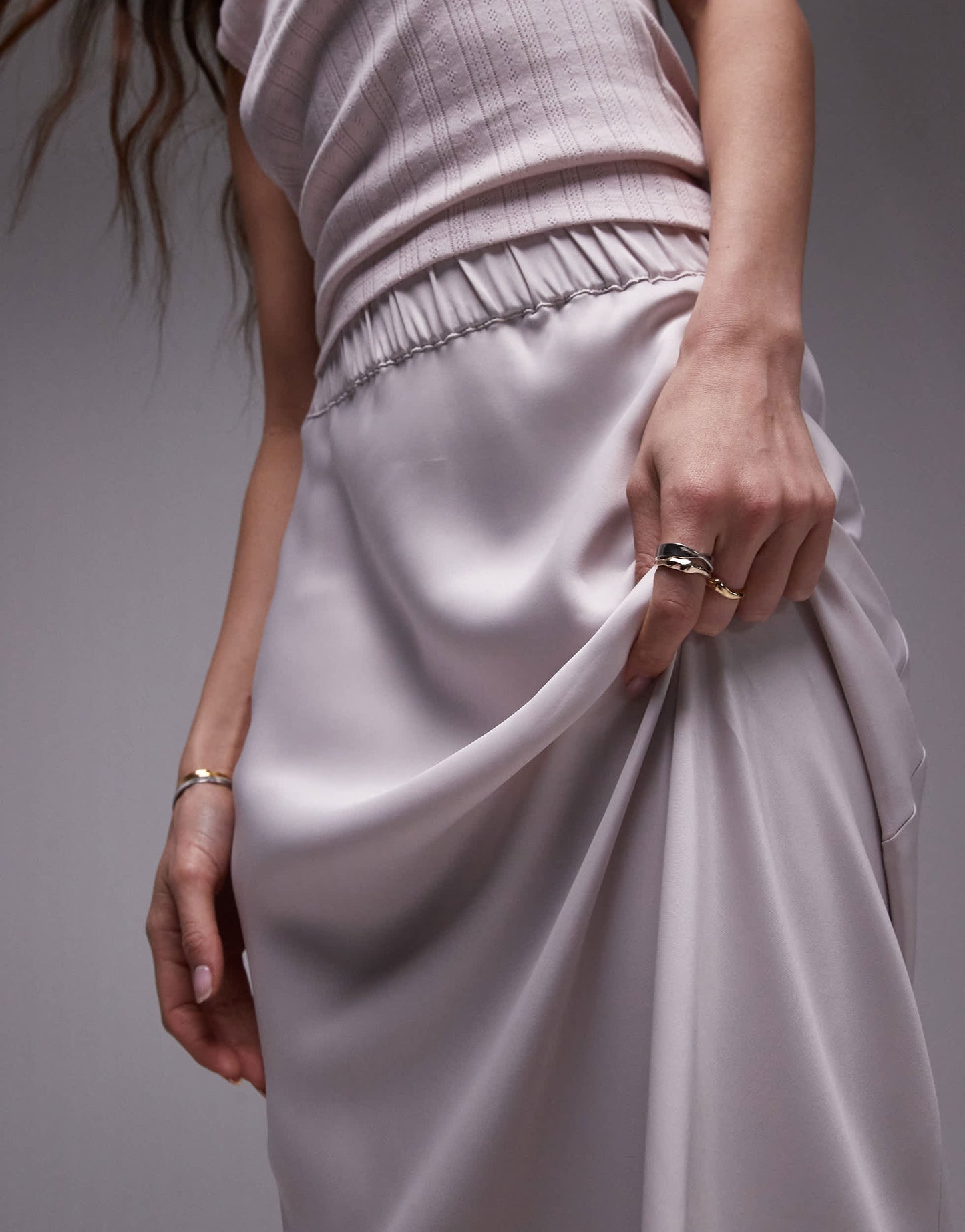Topshop satin bias maxi skirt with elastic waist band in marshmallow