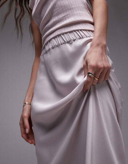 Topshop satin bias maxi skirt with elastic waist band in marshmallow