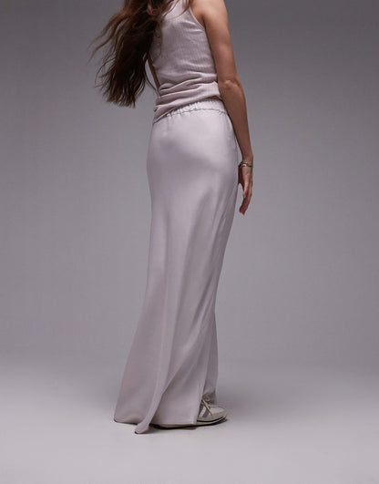 Topshop satin bias maxi skirt with elastic waist band in marshmallow