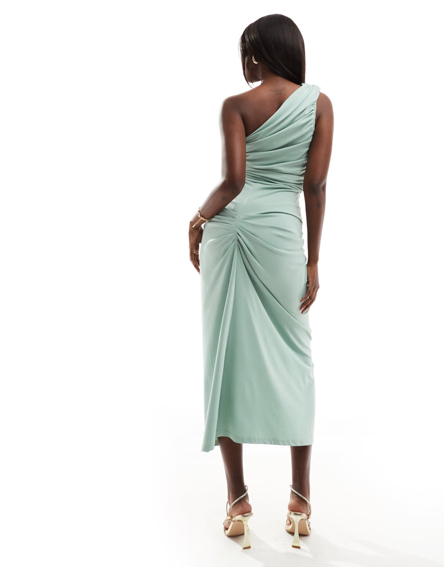 AX Paris double layered slinky ruched one shoulder twist detail midaxi dress in sage green