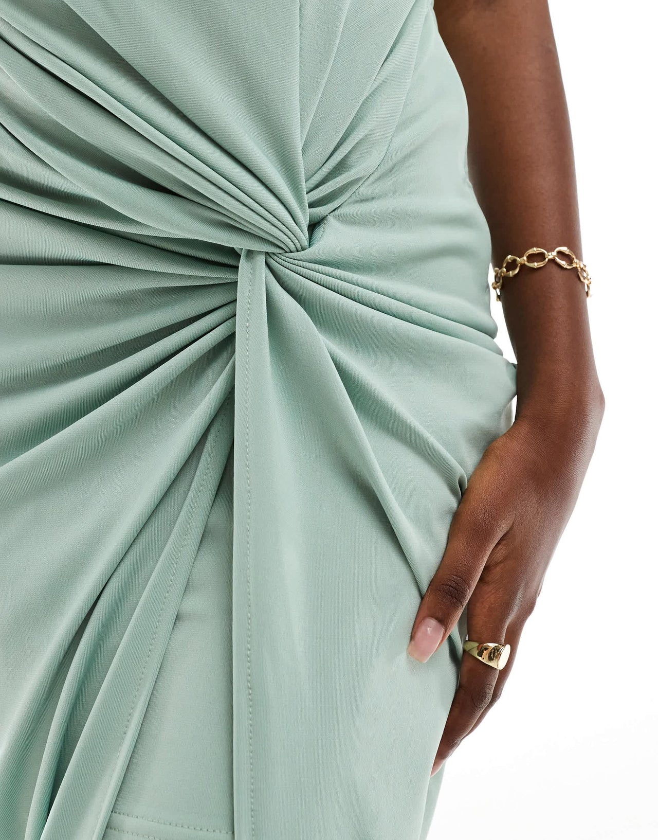AX Paris double layered slinky ruched one shoulder twist detail midaxi dress in sage green