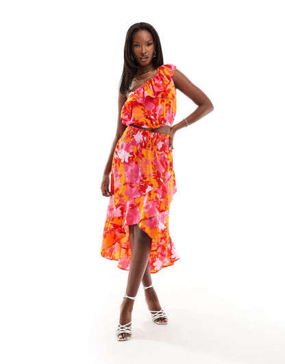 AX Paris ruffle trim midi skirt co-ord in orange and pink floral