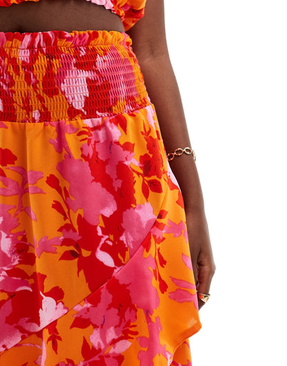 AX Paris ruffle trim midi skirt co-ord in orange and pink floral