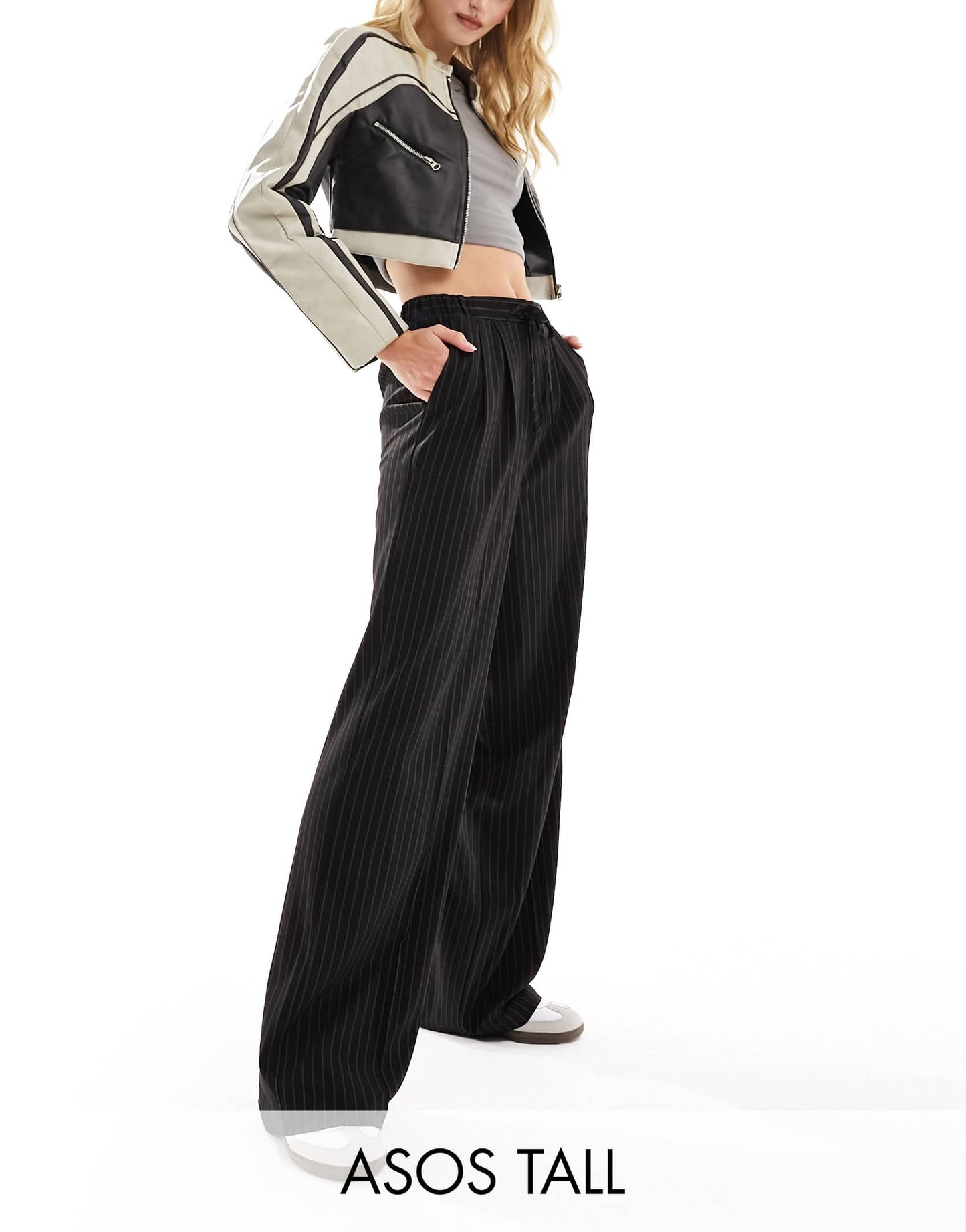 ASOS DESIGN Tall tailored pull on trousers in black pinstripe