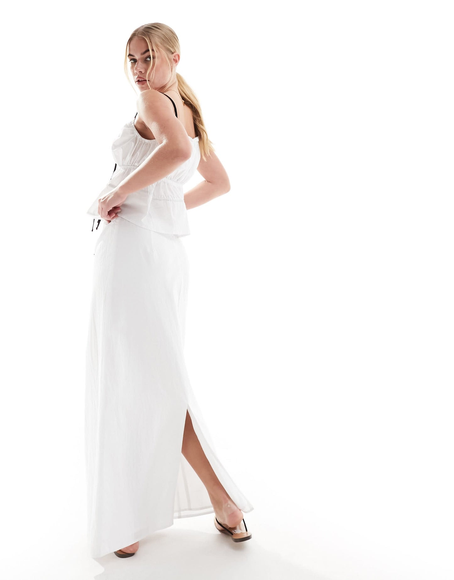 SNDYS cotton ruched tie maxi skirt co-ord in white