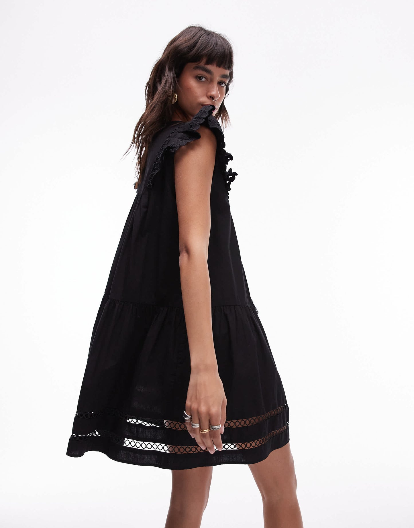 Topshop tassle detail broderie mini dress in black