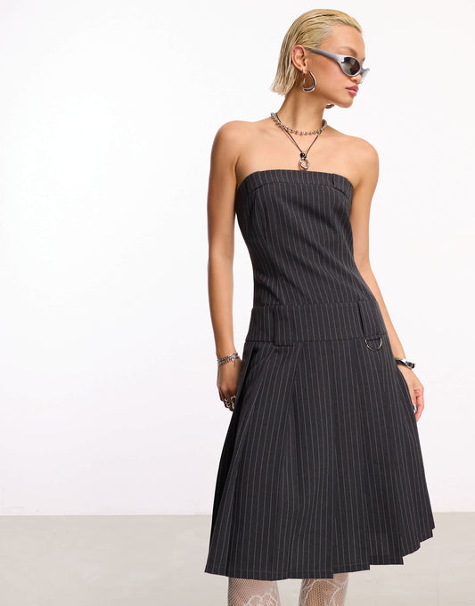 COLLUSION office siren midi kilt bandeau dress in grey pinstripe
