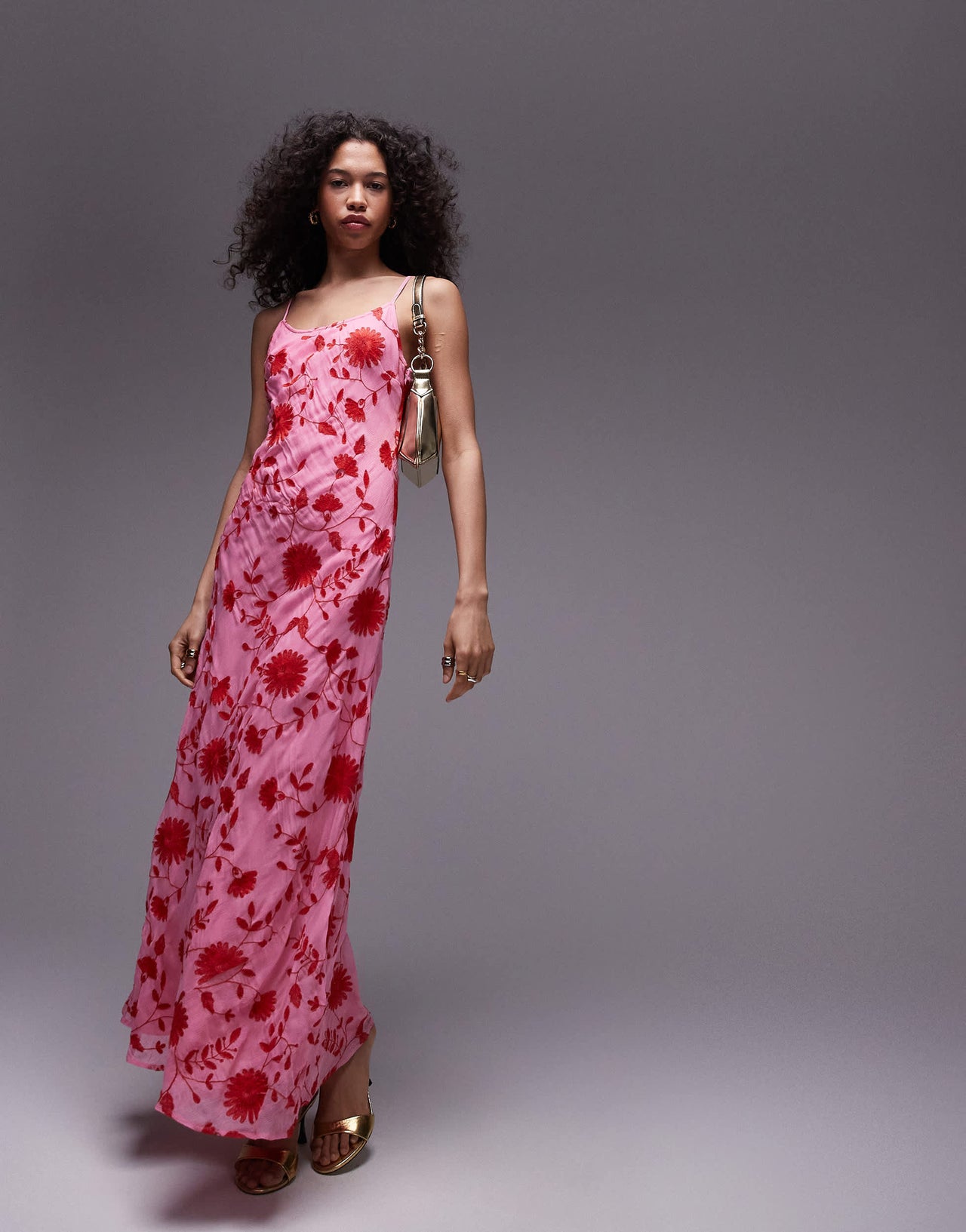 Topshop red floral embroidery pink maxi slip dress