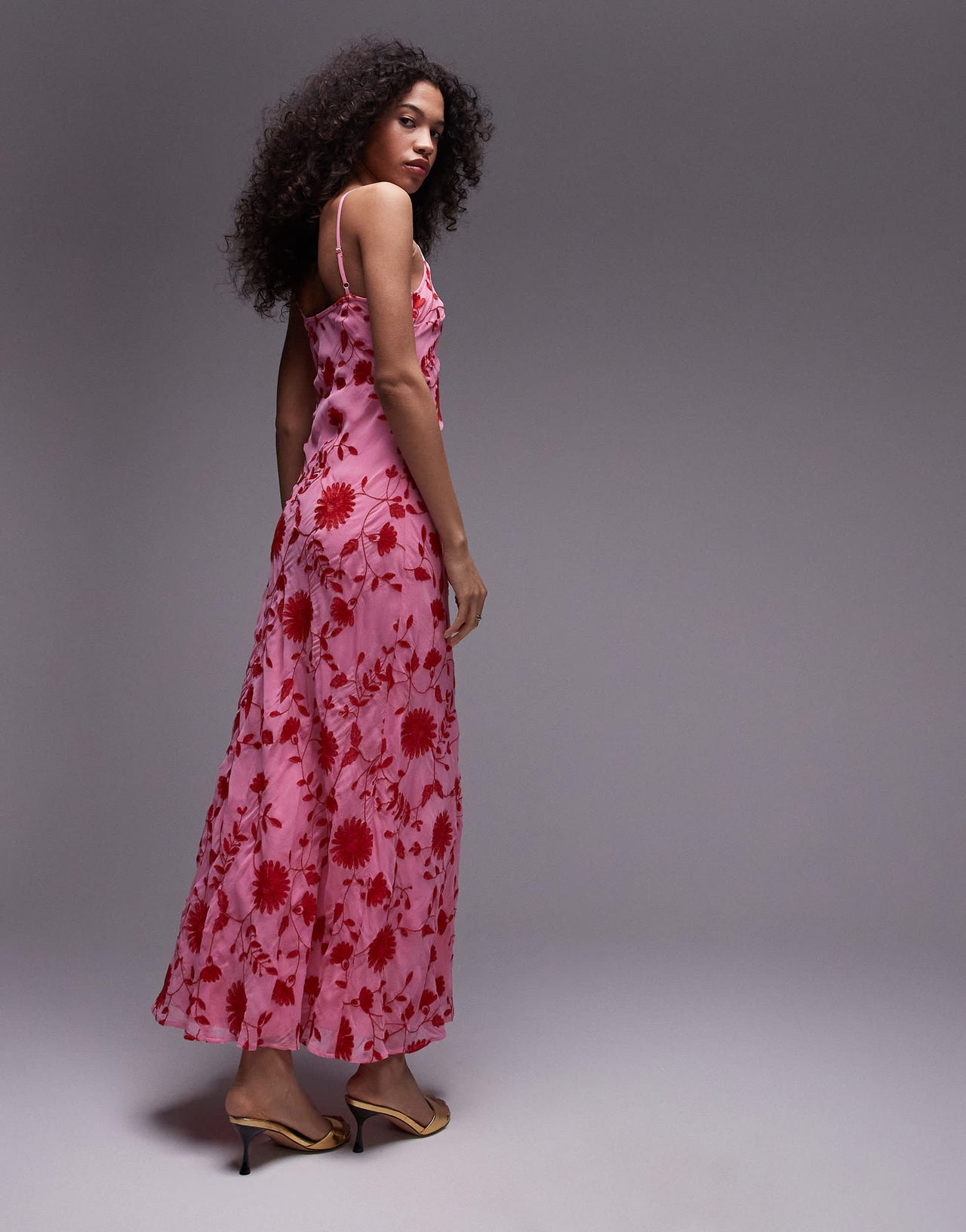 Topshop red floral embroidery pink maxi slip dress