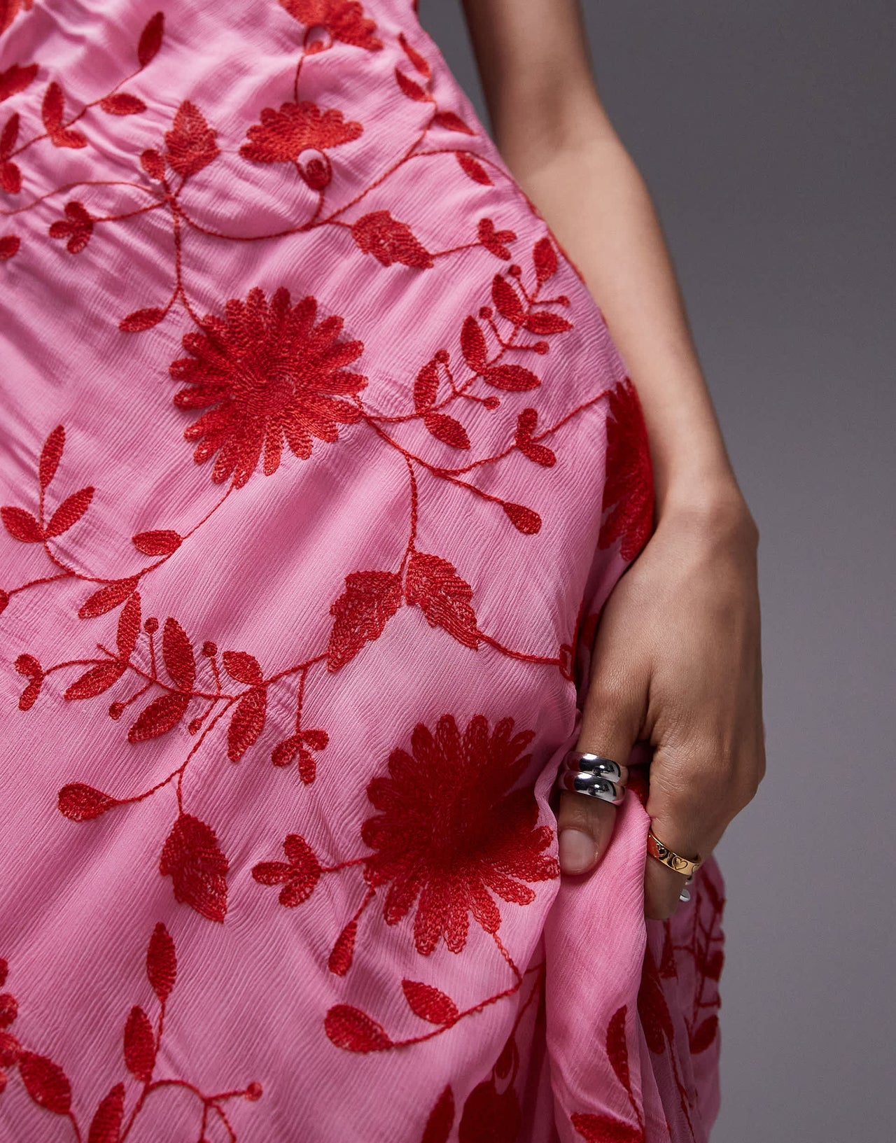 Topshop red floral embroidery pink maxi slip dress