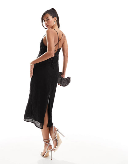 River Island beaded midi slip dress in black