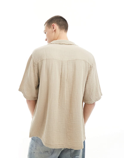 COLLUSION textured oversized revere short sleeve shirt with raw seam detail in ecru