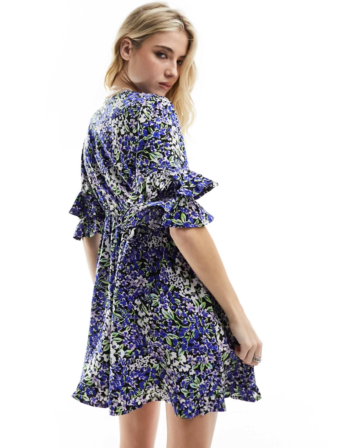 Wednesday's Girl ruffle detail mini dress in blue ditsy floral