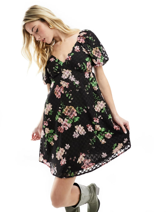 Wednesday's Girl devore puff sleeve mini dress in black floral