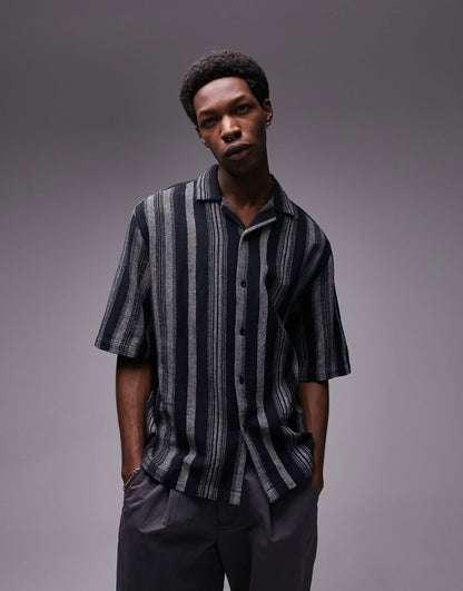 Topman short sleeve relaxed revere textured striped shirt in black