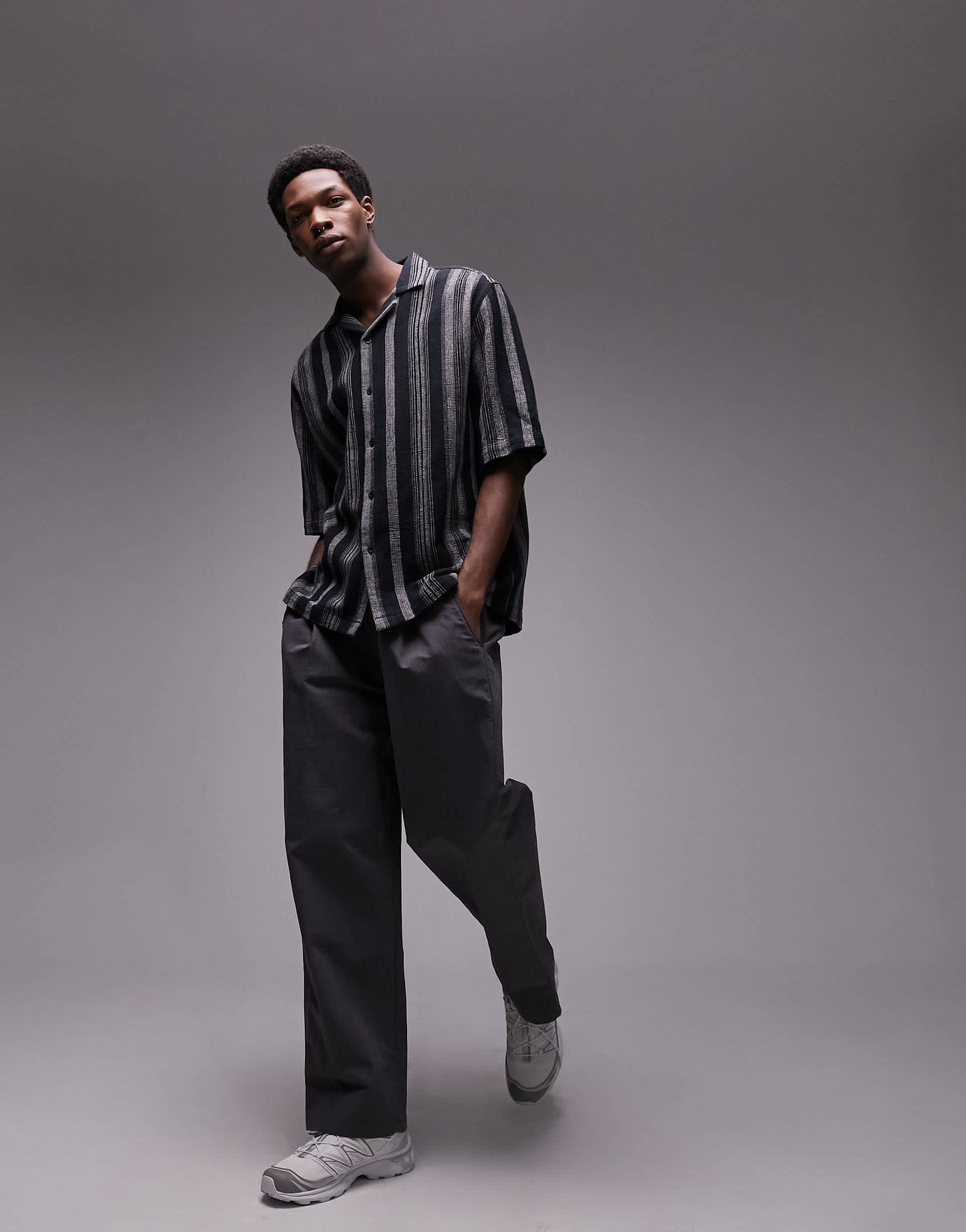 Topman short sleeve relaxed revere textured striped shirt in black