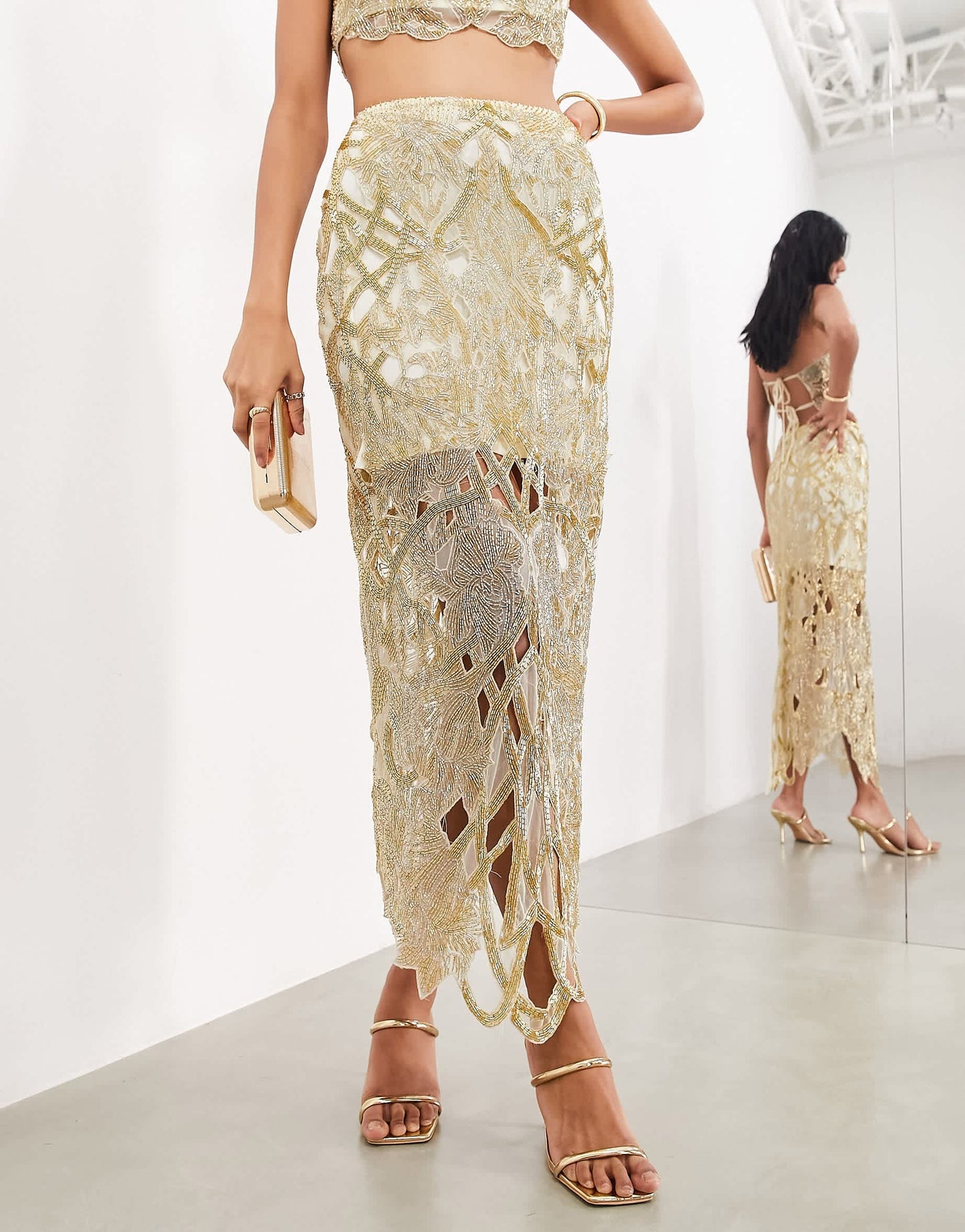 ASOS EDITION nouveau floral cut work embellished midi skirt co-ord in gold