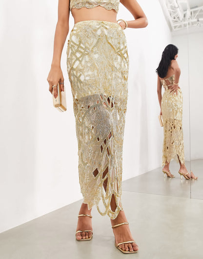 ASOS EDITION nouveau floral cut work embellished midi skirt co-ord in gold
