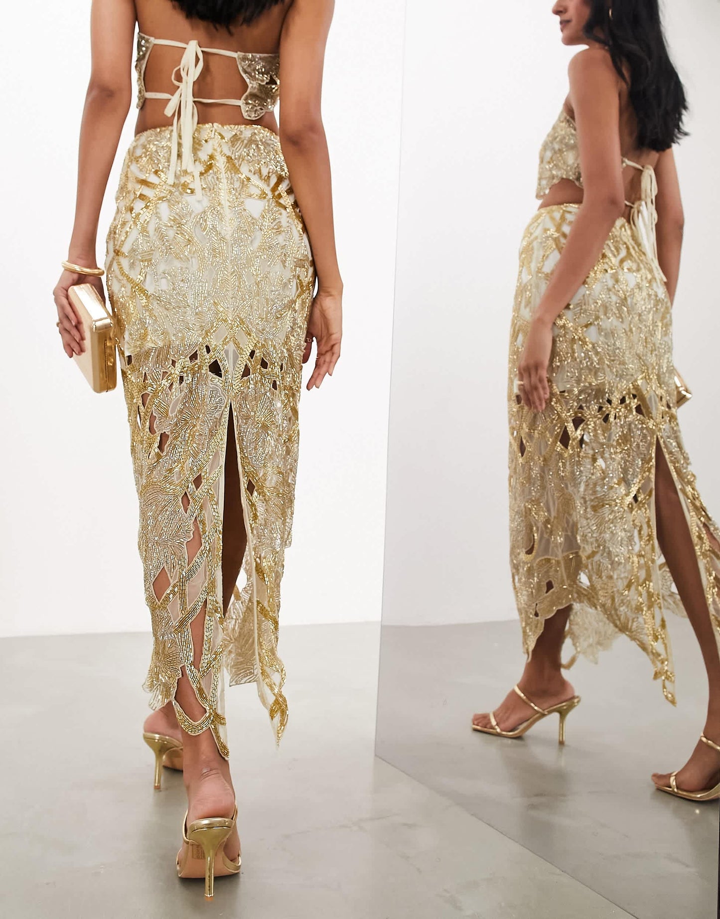 ASOS EDITION nouveau floral cut work embellished midi skirt co-ord in gold