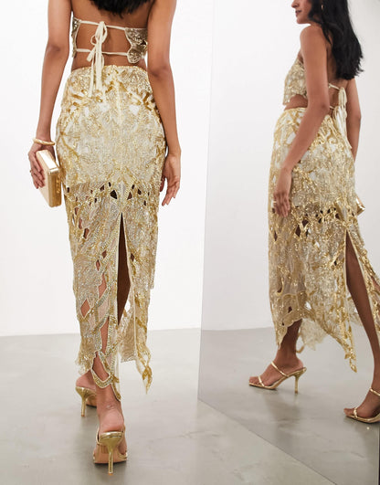 ASOS EDITION nouveau floral cut work embellished midi skirt co-ord in gold