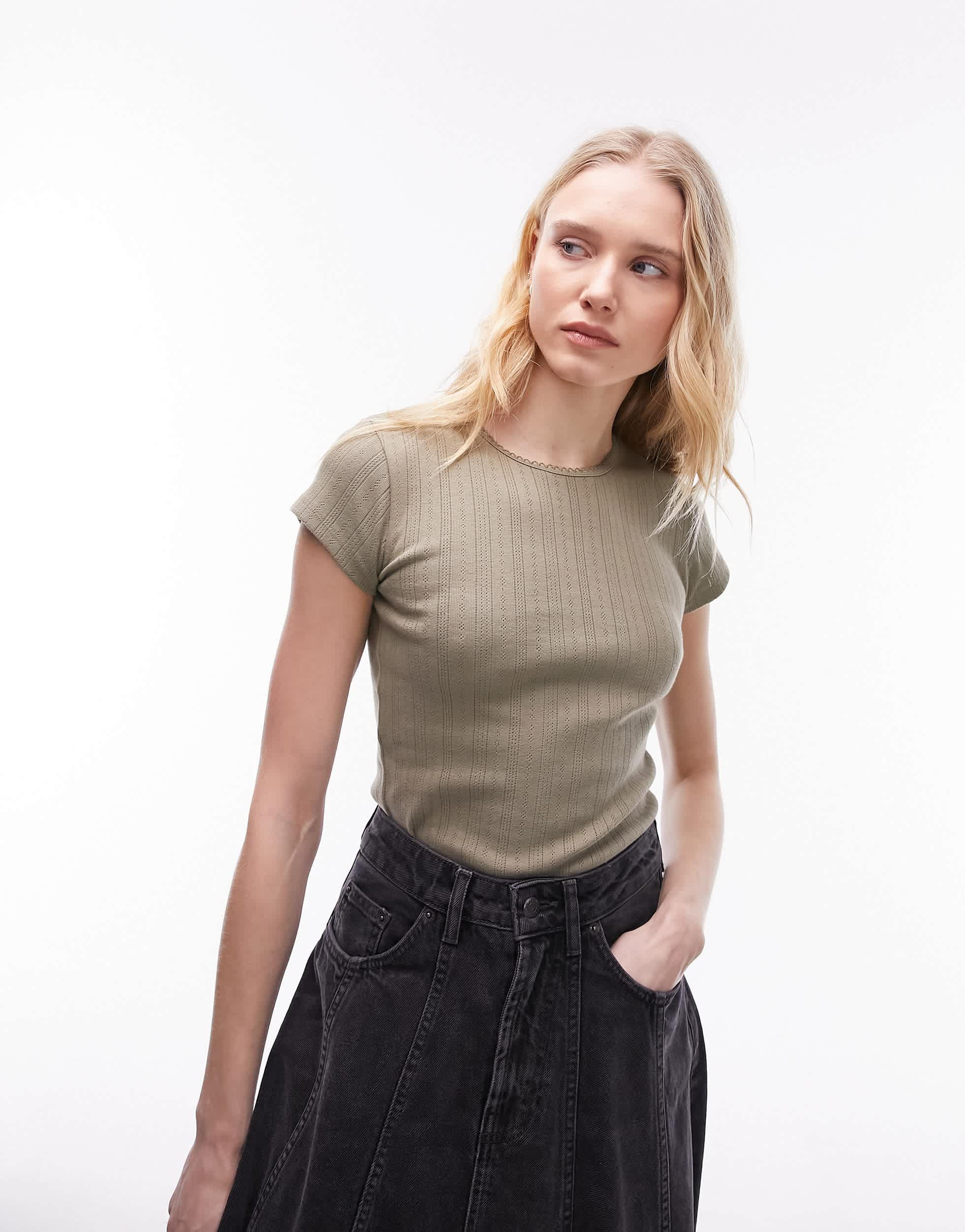 Topshop lace pointelle tee in khaki