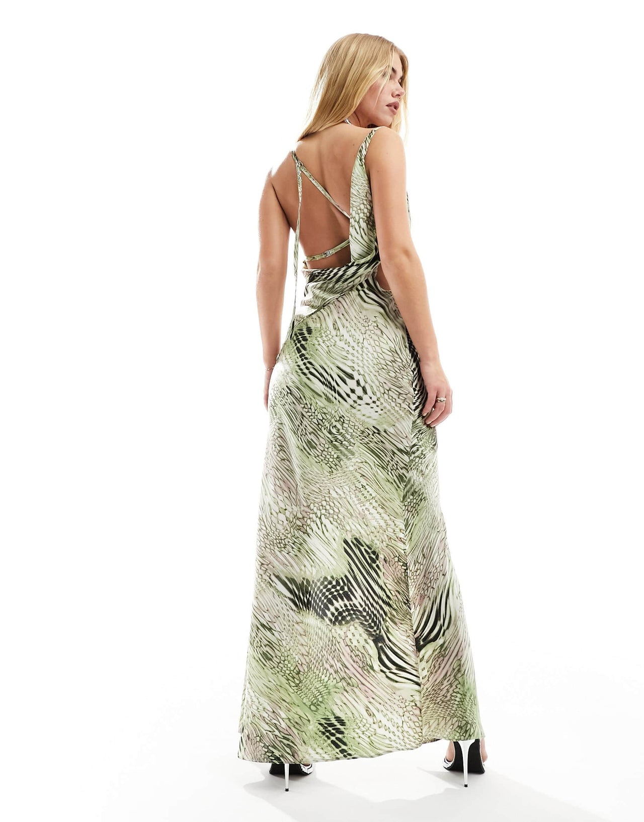 ASOS DESIGN satin cowl neck bias maxi dress with buckle detail and cut out in abstract leopard print