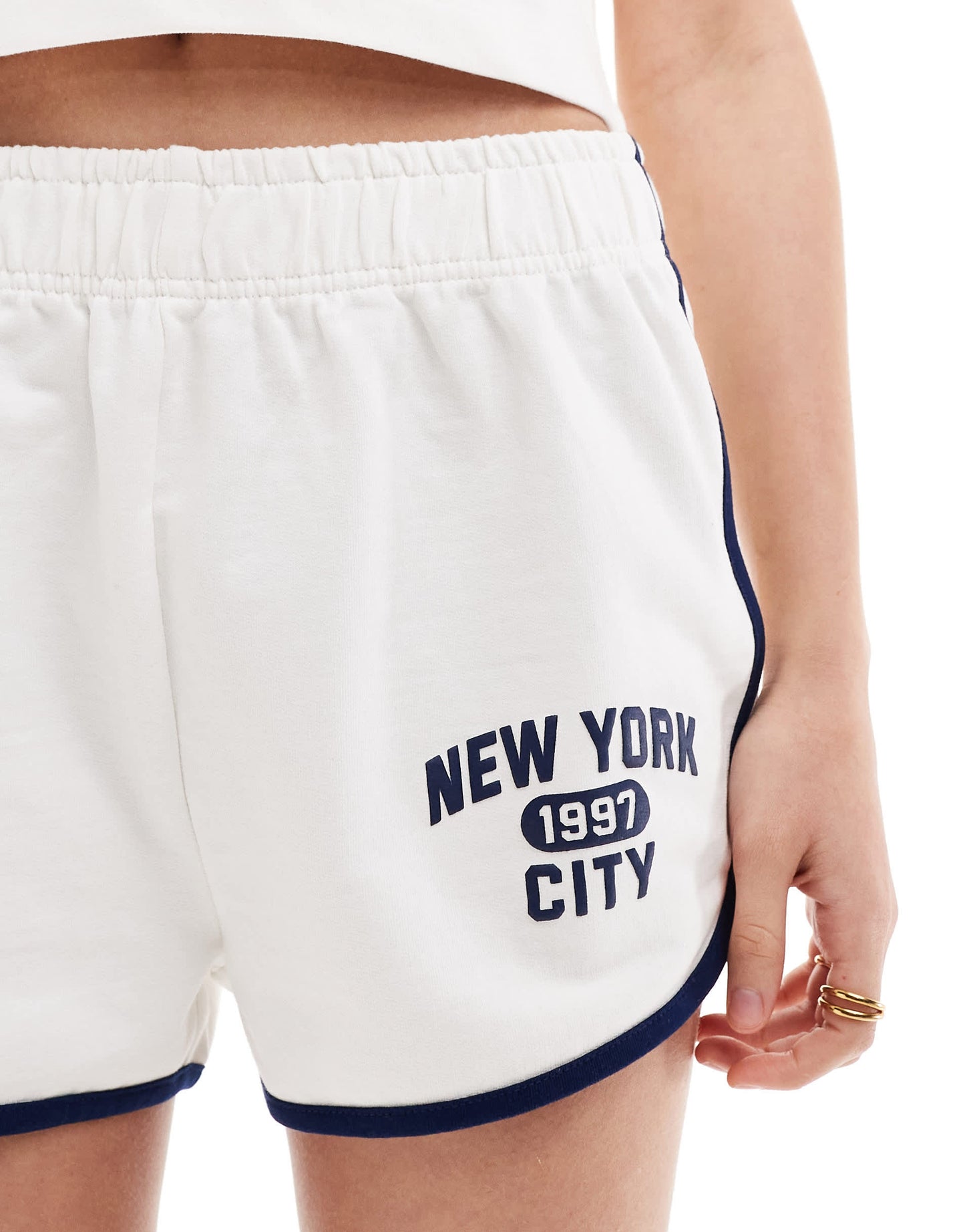 Miss Selfridge New York sweat runner short co-ord  with tipping detail in white