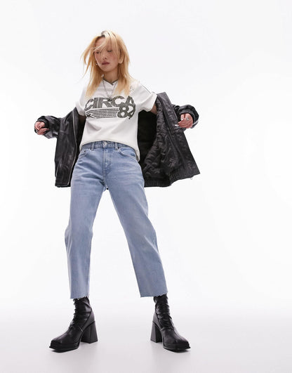 Topshop Petite mid rise straight cropped jean in bleach